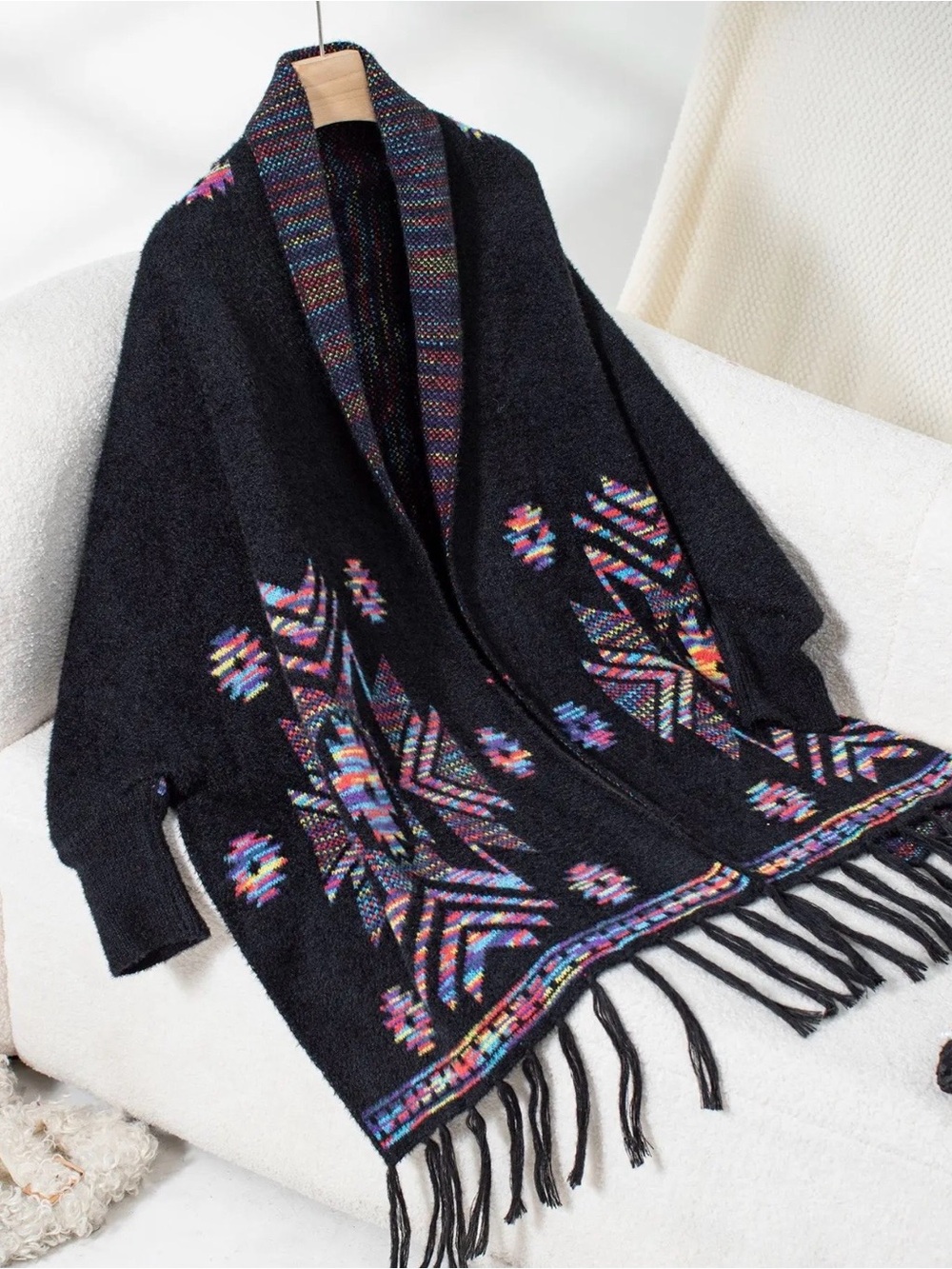 Black Fringe Open-Front Sweater Cardigan